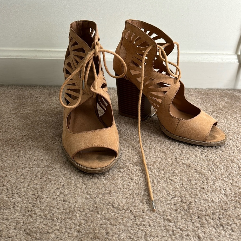 Suede tan lace-up block heels